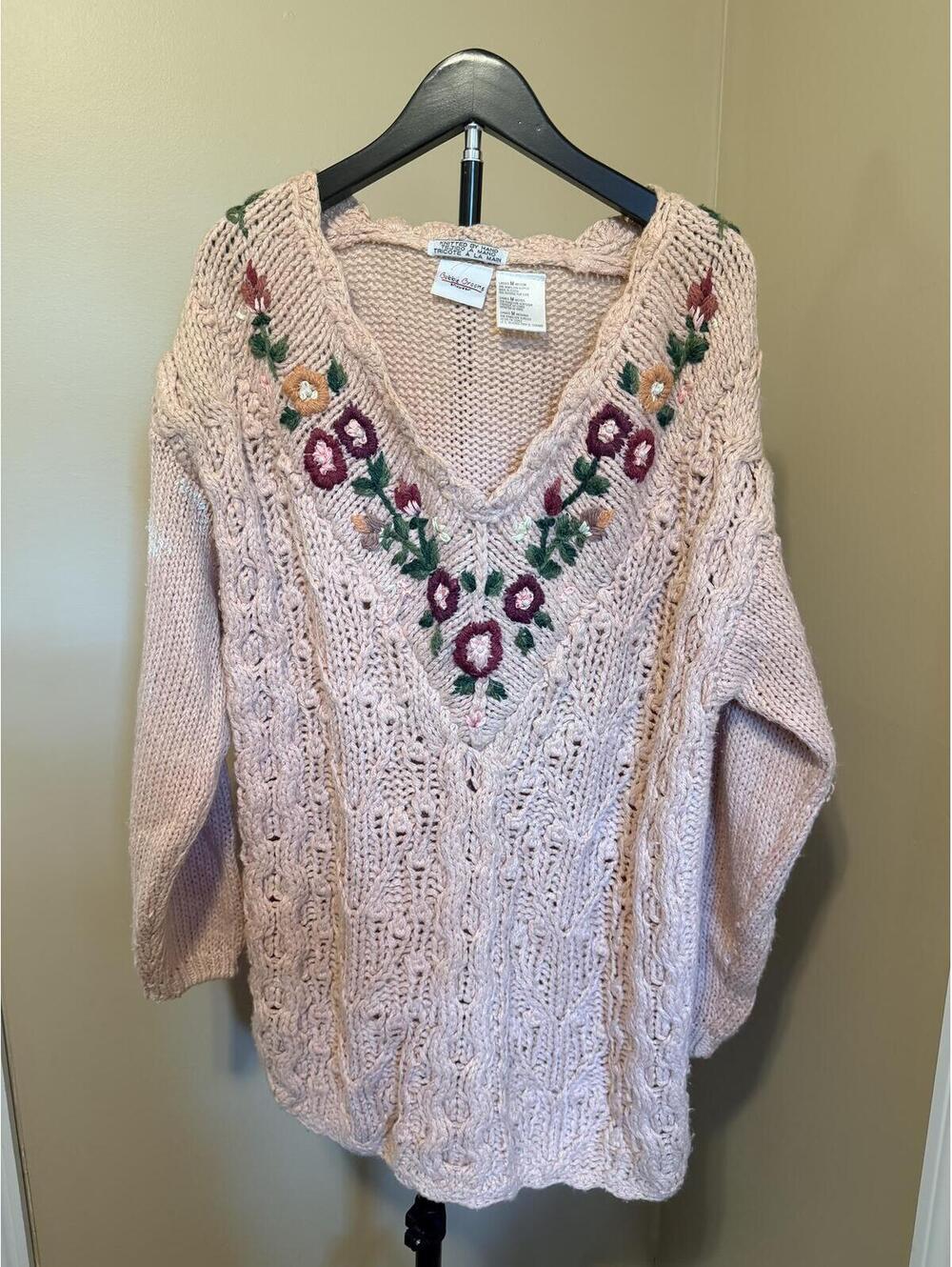Vintage Bobbie Brooks Hand Knit Floral Sweater Women’s M Cottagecore Grandpa